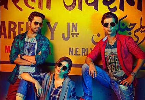 Ayushmann Khurrana, Kriti Sanon and Rajkummar Rao on a poster of 'Bareilly Ki Barfi'. (Photo | Twitter)