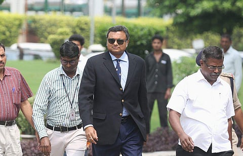 Kati Chidambaram at the CBI office in New Delhi. (EPS | Shekhar Yadav)