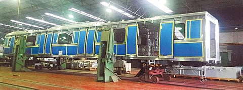Delhi metro coaches being readied at BEML’s Thippasandra unit in the city on Saturday | Express Photo Service