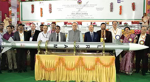 Defence minister Arun Jaitely hands over a model of long-range surface-to-air missile to the Indian Navy at Bharat Dynamic Ltd in Hyderabad on Sunday |Express