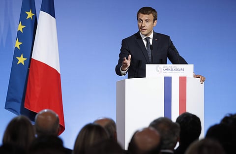 French President Emmanuel Macron addresses French Ambassadors at the Elysee Palace in Paris, Tuesday, Aug. 29 2017. | AP