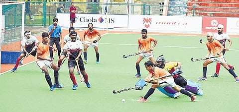 Action from the match between Indian Railways and BPCL at Mayor Radhakrishnan Stadium in Chennai on Wednesday | Martin Louis
