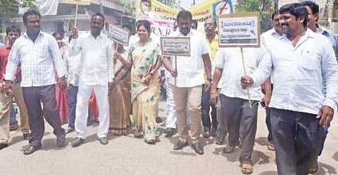 An awareness rally being taken out in Guntur on Tuesday as part of Domalapai Dandayatra campaign | Express