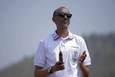 FILE - In this Wednesday, July 19, 2017 file photo, Rwanda's President Paul Kagame addresses supporters at an election campaign rally in the Nyabugogo area of the capital Kigali, in Rwanda. | AP