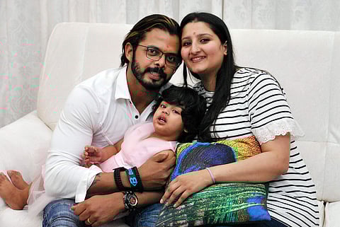 S Sreesanth with wife and daughter at his residence in Kochi on Monday | Express Photo Service | K Shijith