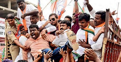 BJP Sangareddy district unit protesting at the district collector’s office on Monday in Sangareddy on Monday | Express photo