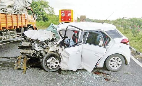 The ill-fated car which hit a road divider at Bhimadole in the early hours of Tuesday, killing two occupants | Express