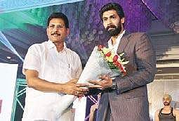K R Nagarajan (L), founder chairman of Ramraj Cotton with brand ambassador Rana Daggubati during an event in Hyderabad on Wednesday. | Express Photo Service