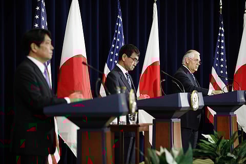From left, Japanese Defense Minister Itsunori Onodera, Japanese Foreign Minister Taro Kono, and US Secretary of State Rex Tillerson. (File | AP)