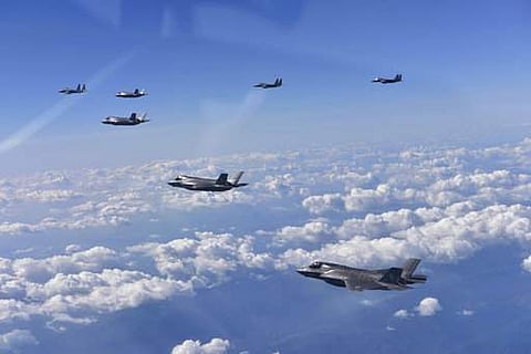 U.S. Air Force F-35 stealth fighter jets fly over the Korean Peninsula, South Korea. (File photo | AP)