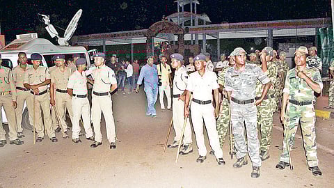 Security personnel deployed outside Utkal University after tension erupted in the campus in Bhubaneswar on Sunday | Express