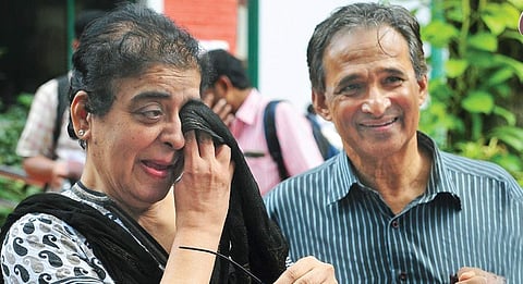 Thomas Joseph and his wife break down during a press conference in Bengaluru on Monday | NAGESH POLALI