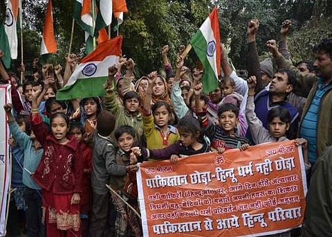 Children from Pakistani Hindu families in India staging a demonstration in demand of Indian citizenship. | PTI