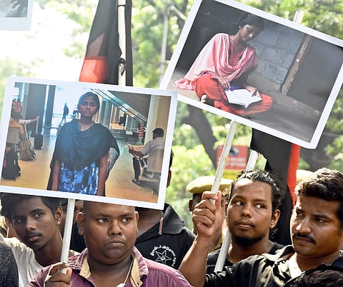 Political parties and pro-Tamil outfits staged state-wide protests over the suicide of Anitha who had moved the Supreme Court against NEET- based medical admissions in Chennai on Saturday. (Express Photo)