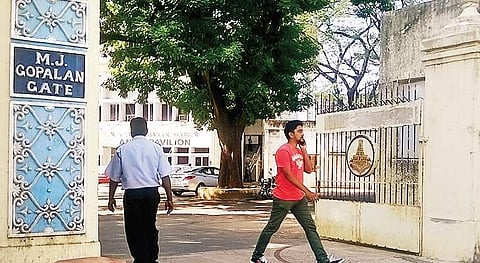 File photo of the MJ Gopalan gate at MA Chidambaram Stadium in Chennai. The plate with the former player’s name has been removed due to renovation | EXPRESS