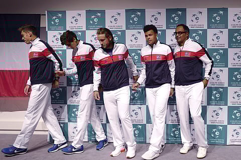 French players, from the left, Nicolas Mahut, Pierre Hugues Herbert, Lucas Pouille, Jo-Wilfried Tsonga and Captain Yannick Noah. | AP