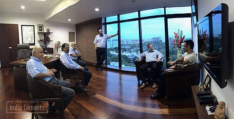 MS Dhoni at the corporate office of the ICL with senior management team (Facebook/The India Cements Ltd)