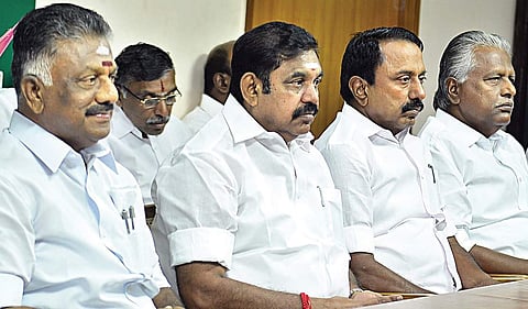 (From left) Deputy Chief Minister O Panneerselvam and CM Edappadi K Palaniswami at the general council meeting of AIADMK in Chennai. (Express Photo| D Sampathkumar)