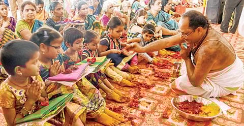Children participating in a ritual at Kanaka Durga temple | p ravindra babu