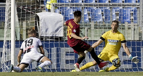 Roma's Stephan El Shaarawi scores his side's third goal during an Italian Serie A soccer match between Roma and Udinese (AP)