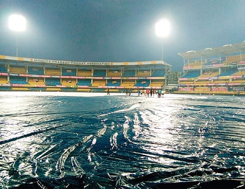 Holkar Stadium, venue for the 3rd ODI, under covers on Friday | (Vishal Vivek |EPS)