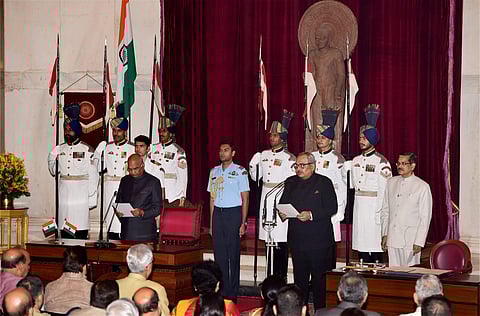 President Ram Nath Kovind (right) and Rajiv Mehrishi (left) at the swearing-in ceremony on Monday. (PTI Photo)