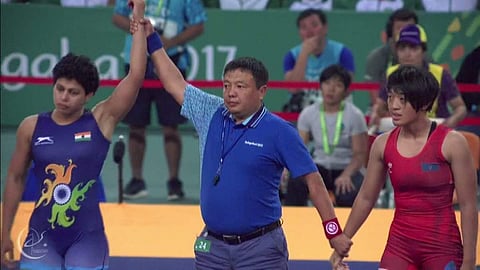 Pooja Dhanda wins 58kg Bronze at Asian Indoor and Martial Arts Games defeating Maree Ramos(GUM) by fall. (Photo: Twitter via @OlympicPressOrg )