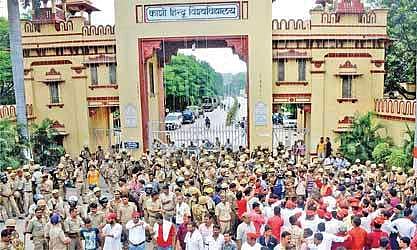 Policemen deployed at Banaras Hindu University in view of the student protests, in Varanasi on Monday | PTI