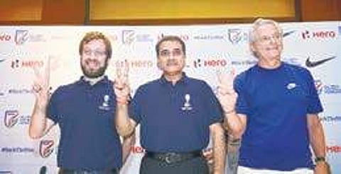 (from left) FIFA U-17 WC tournament director Javier Ceppi, AIFF president Praful Patel and India U-17 coach Luis Norton De Matos in New Delhi on Tuesday