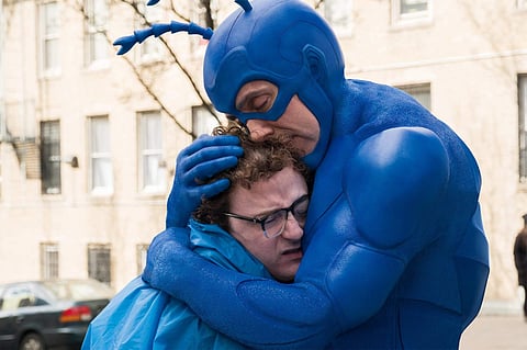 'The Tick' is about blue-clad title superhero (played by Peter Serafinowicz) and how he finds his side-kick in a reluctant accountant, Arthur (essayed by Griffin Newman). (Photo | Amazon Prime Video)