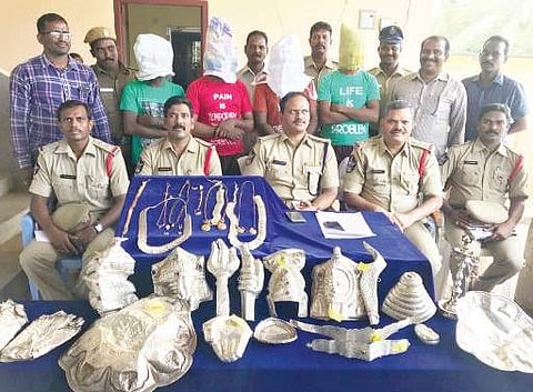 The arrested interstate robbers being produced before the media in Amalapuram on Wednesday | Express