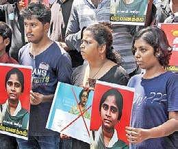 Members of May 17 Movement hold a protest over the death of MBBS seat aspirant Anitha near the BJP office in Chennai on Sunday | Express
