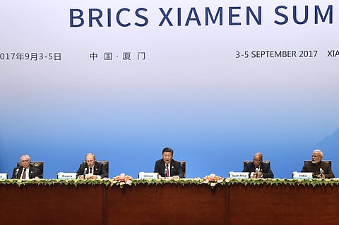 Chinese President Xi Jinping (C) delivers the speech during BRICS Business Council at the BRICS Summit in Xiamen (AP)