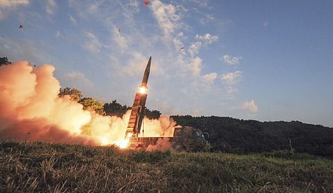 In this photo provided by South Korea Defense Ministry, South Korea's Hyunmoo II ballistic missile is fired during an exercise at an undisclosed location in South Korea. | AP