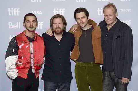 Shia LaBeouf, from left, director Janus Metz, Sverrir Gudnason and Stellan Skarsgard attend a press conference for 'Borg/McEnroe' on day 1 of the Toronto International Film Festival. | AP