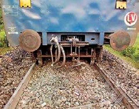 The wheels of the Jabalpur-bound Shaktipunj Express that jumped the track near the Obra Dam station in Sonbhadra district of UP on Thursday | PTI