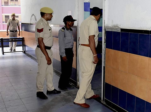 Gurugram Police team investigating the spot in side the Ryan International School after the murder of a student of 2nd class in Gurugram on Friday.(PTI)