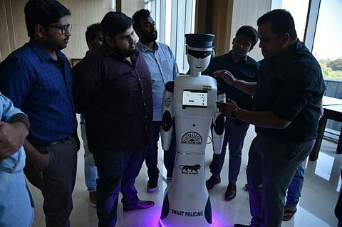 A life-sized robot, claimed to be the world's first smart policing robot, was launched in Hyderabad last week. (Express Photo Service | R Satish Babu)