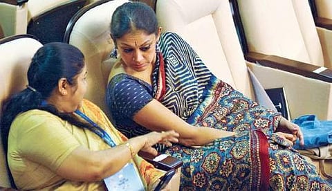 Singer K S Chithra having a word with actor Sobhana at the Loka Kerala Sabha at Legislative Assembly on Friday | Manu R Mavelil