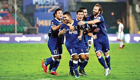 Chennaiyin FC players celebrate Gregory Nelson’s winner on Friday | SUNISH P SURENDRAN