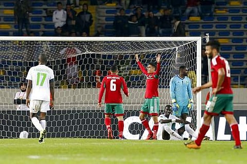 Morocco's Achraf Bencharki, center, reacts after scoring against Mauritania during the CHAN (African Nations Championship) opening group A soccer match in Casablanca in Morocco on Saturday. (Photo: AP)