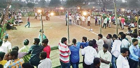 A huge ring set up to organise cockfights in West Godavari district; (Inset) former MLA Bandaru Satyananda Rao taking part in a cockfight at Kothapeta in East Godavari district on Sunday | Express
