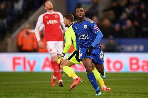 Leicester City's Nigerian striker Kelechi Iheanacho celebrates scoring the team's first goalduring the English FA Cup third round replay football match between Leicester City and Fleetwood | Photo: AFP