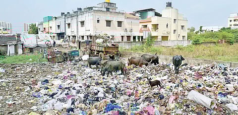 Pile of garbage dumped in vacant land near a residential area at Iyyappanthangal. This has led to an increase in dengue cases, say residents | Martin Louis