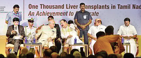 Vice President M Venkaiah Naidu and Governor Banwarilal Purohit at a function to mark the successful completion of 1,000 liver transplants in Tamil Nadu. Fisheries minister D Jayakumar and Health minister C Vijaya Bhaskar also participated | Sunish P Su