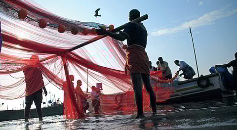 A group of fishermen arranging their nets for the job at Chellanam harbour in Kochi | K Shijith