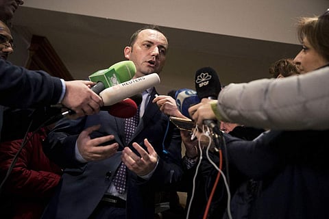 Deputy Prime Minister of Macedonia Bujar Osmani speaks to reporters during a briefing in Athens, on Tuesday, Jan. 9, 2018. (AP Photo/Petros Giannakouris)
