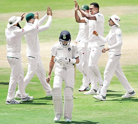 South Africa’s Lungi Ngidi (2nd from R) celebrates after dismissing India’s Hardik Pandya on Wednesday | BCCI