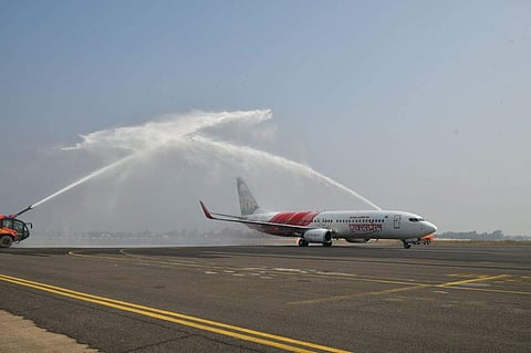 Newly introduced AirIndia Express flight from Vijayawada to Mumbai welcomed by water canons at gannavaram airport on friday. | (RVK Rao| EPS)