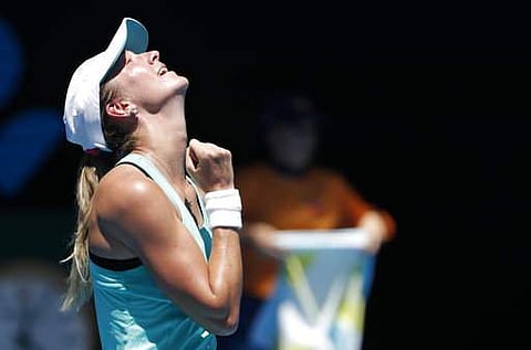 Denisa Allertova of the Czech Republic reacts after defeating Poland's Magda Linette after their third round match at the Australian Open tennis championships in Melbourne | Photo: AP